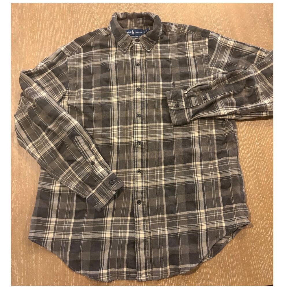 Polo Ralph Lauren Classic Fit Plaid Flannel Shirt Mens XL Gray White Long Sleeve